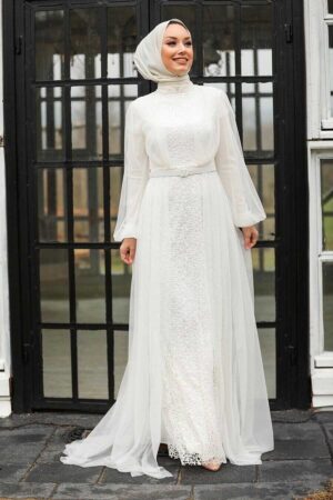 Ecru Hijab Evening Dress 5383E