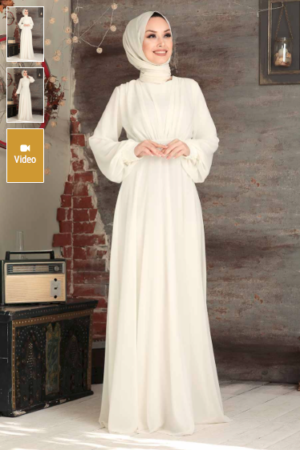 Ecru Hijab Evening Dress 5422E
