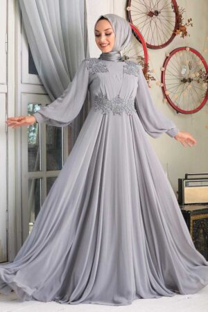 Cape Gray Hijab Evening Dress 9130GR